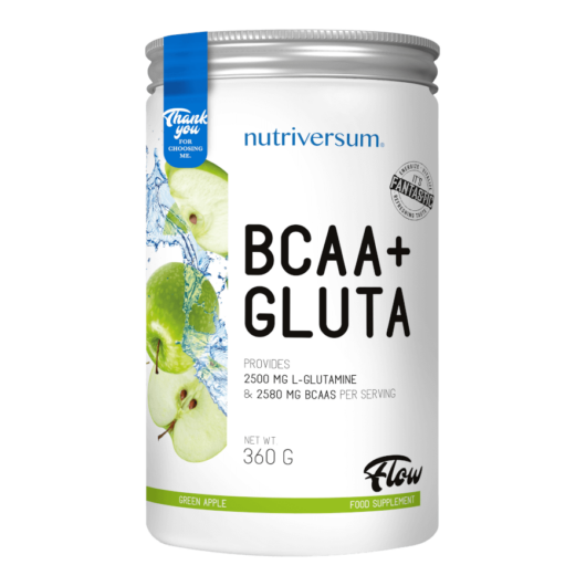 BCAA+GLUTA - 360 g - FLOW - Nutriversum - zöld alma - 5080 mg minőségi aminosav adagonként
